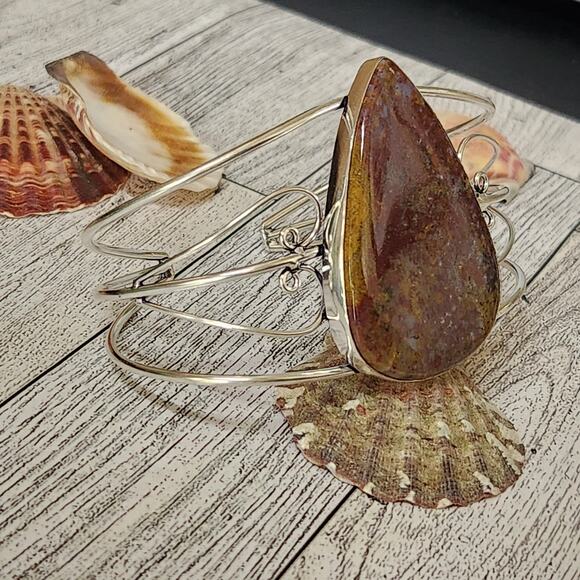 Blazing Flames Fire Jasper Silver Cuff Bracelet - Bold Statement Jewelry - Picture 6 of 10